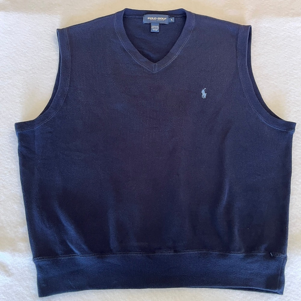 Vintage Polo Golf Ralph Lauren Mens L Navy Blue Cotton V-Neck Sweater Vest USA